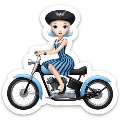 1920s coal hair hotrod Silkstone Marie Antoinette Morticia Addams Barbie Wednesday Addams from academy in a blue and black vertically-striped classic dress. riding matte black hot rod electric bikes with crows sticker
