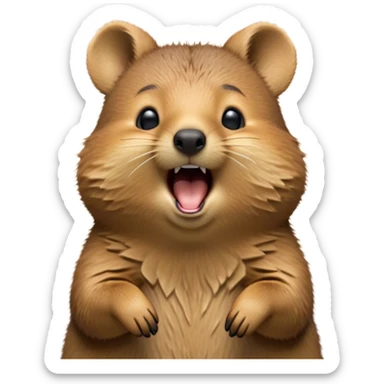 Cinematic Cute Yawning Quokka Portrait Emoji, Head tilted slightly with a dramatic, wide-open yawn, showcasing a soft, downy brown fur with a slightly droopy expression and eyes barely open in drowsy contentment, Simplified yet irresistibly adorable features, highly detailed, glowing with a soft, cozy glow, high shine, relaxed yet expressive, stylized with a touch of playful charm, bright and endearing, soft glowing outline, capturing the essence of a sleepy yet affectionate quokka, so drowsy it feels like it could stretch out of the screen and curl up for a nap! sticker