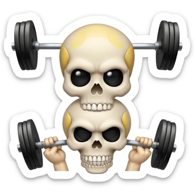 cartoon-style emoji of a white skull with black eye sockets, holding a heavy barbell with large weights across its shoulders, confident and intense expression, clean lines, bold colors, simple or transparent background, stylized like an emoji sticker
