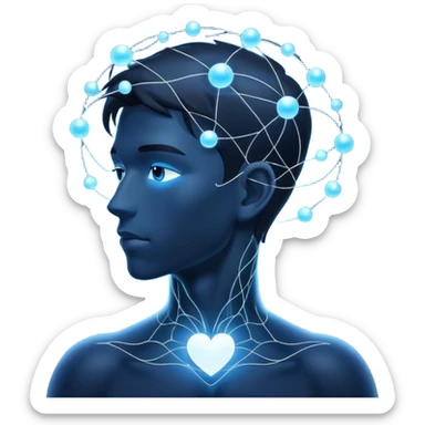 elegant man silhouette with delicate interconnected lines and floating orbs, luminous cores at head and heart, soft white-blue light sticker