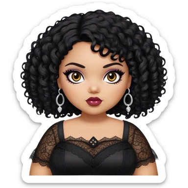 pretty bratz girl, fat pluz size body, black curly short hair, brown eyes, black eyeliner, black skin, gothic lace clothes sticker