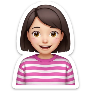 Emoji of a cute 3D girl with short dark brown bob hairstyle, wearing a pink and white striped sweatshirt. She is laughing uncontrollably, tears of joy, white background sticker