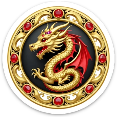 Golden dragon crest / brosch in a circle with red gems and no background sticker