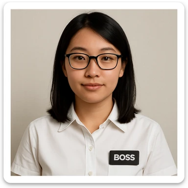 Asian girl wearing glasses, white shirt with a visible boss's work tag, neutral background, clean and simple style sticker