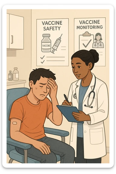 Vertical, educational medical illustration: a healthcare professional observes a patient who appears unwell after receiving a vaccine. The patient sits in a clinic chair, showing mild symptoms such as fatigue or headache, while the professional takes notes and offers reassurance. The background includes educational posters about vaccine safety and monitoring. realistica sticker