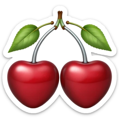 A pair of cherries emoji made of polished silver chrome, smooth rounded shapes, glossy metallic finish, soft highlights and reflections, cute proportions, iOS emoji style, centered, clean white background, no text sticker