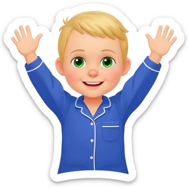 Use the same 3 year old blonde boy with green-blueish eyes, it should be the same boy as before  happy with plain blue pajamas raising both arms up, on the bed, the bed should be gray sticker