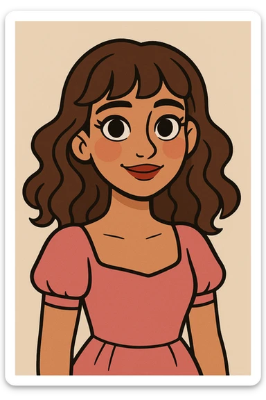 A pretty girl with medium skin, rosy cheeks, big dark hazel eyes, long lashes, wavy brown hair with bangs, soft nose, natural red lips, feminine features, in a pink dress, in a gentle cartoon style. sticker