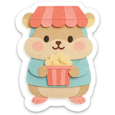 kawaii popcorn machine hamster with puffed cheeks, holding popcorn, soft pastel colors, full-body sticker