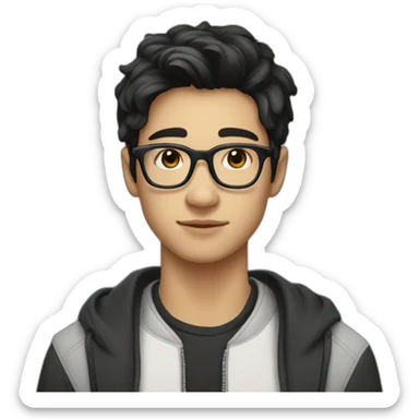 A beautiful student young man with black and medium hair and white skin, wearing round glasses and jacket sticker