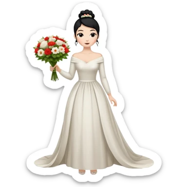 Chica blanca,cuerpo entero, vestido boda asimétrico sin vuelo ,manga larga ,de piel en cuello, pelo negro,    ramo de flores una mano, pelo recogido en moño alto sticker