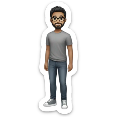 Full-body young man with short black hair and beard and black glasses wearing a gray shirt and dark jeans and sneakers sticker