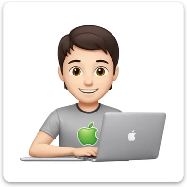 apple-style emoji of a cheerful young male coder, dark brown hair, hazel eyes, dimple, smiling and winking, tech t-shirt, working on a MacBook with Apple logo, light gray background sticker