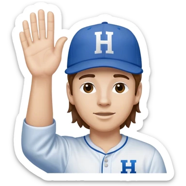 White Man with mid-length brown hair wearing blue baseball hat with the letter H on it. Hand waving. He is wearing a white oxford shirt.  sticker