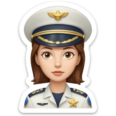 woman with brown hair and brown eyes.  space ship captain with white military hat sticker