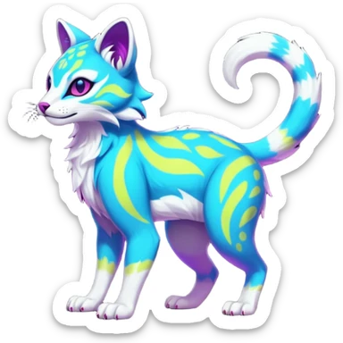 Neon-colored fantasy feline-marsupial-vernid-protogen-primagen-fursona animal creature full body with intricate markings  sticker