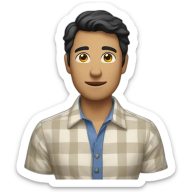 Tan man with short black hair and a gingham white/marine blue buttoned collar shirt sticker