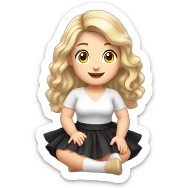 Front view full body curvy caucasian beauty sitting straight hands up black skirt white knickers white socks sticker