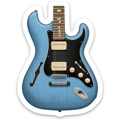 A gray-blue electric guitar with a black pick guard and only one volume knob  sticker
