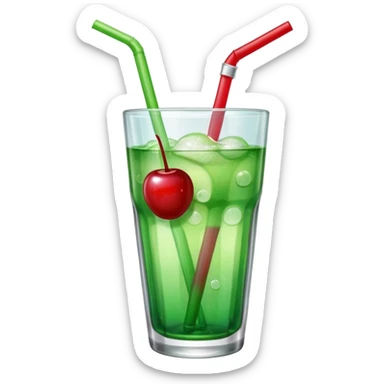 Create an emoji with a clear rounded glass, bright transparent green soda with fine bubbles, a smooth vanilla scoop, a glossy red cherry, and a black straw, using vibrant colors, soft shading, and clear glass highlights.
 sticker