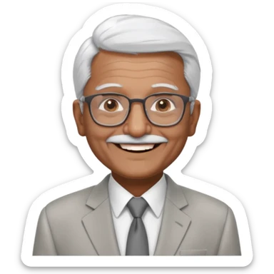 70 yr old indian man, short straight white hair brushed back, light grey business suit, big smile, dark brown skin, no moustache, dark brown eyes, glasses
 sticker
