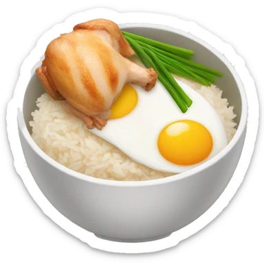 a bowl of rice with two eggs and chicken thigh sticker