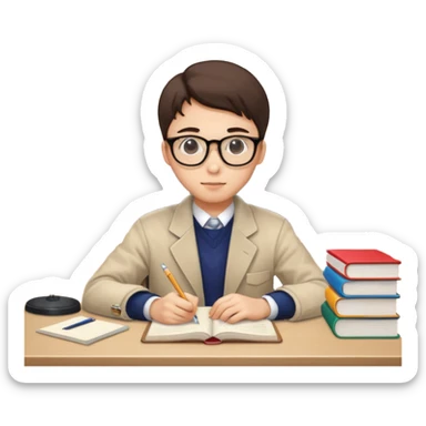 South Korean high school student at desk, surrounded by study materials, showing focus and perseverance, Apple iPhone emoji style sticker