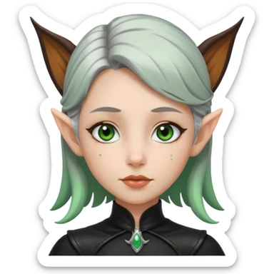 Haz un emoji de una chica con piel blanca ojos marrones y verdes nariz puntiaguda orejas de fae labios finos pelo plateado con un recogido y ropa de cuero negra sticker