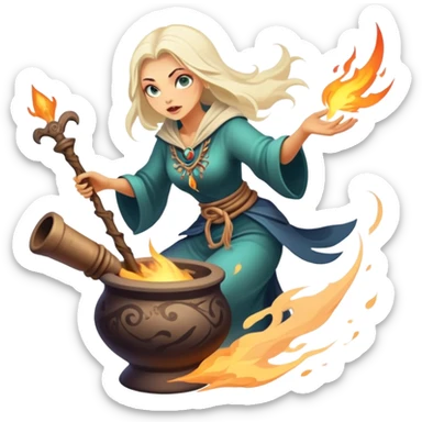 Baba Yaga sorceress woman flying in a mortar, magical aura sticker
