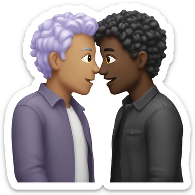 Two men kissing, one of the white with lavender hair and the other person is black with black hair sticker