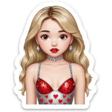 Sabrina carpenter in silver rhinestone bodysuit with red kiss marks all over it sticker