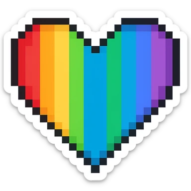 Create a pixel art heart with vertical rainbow stripes and no background. The style should clearly reflect pixel art characteristics with distinct vertical stripes in rainbow colors. sticker