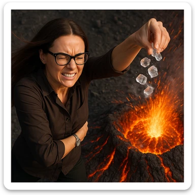 Create a hyperrealistic woman similar to the reference photo, top view, throwing ice onto an erupting volcano. The ice melts immediately with no effect. The expression should show effort. The scene is symbolic with detailed features. sticker