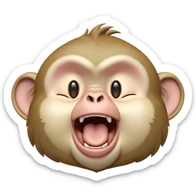 Cinematic Cute Yawning Macaque Portrait Emoji, Head tilted slightly with a dramatic, wide-open yawn, showcasing a gently textured face with half-closed, sleepy eyes and an open, relaxed mouth, Simplified yet irresistibly adorable features, highly detailed, glowing with a soft, cozy glow, high shine, relaxed yet expressive, stylized with a dash of whimsical charm, soft glowing outline, capturing the essence of a drowsy yet affectionate primate that appears ready to stretch out for a nap! sticker
