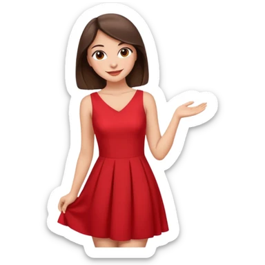 Cartoon emoji of a young brunette woman with fair-medium skin, brown eyes, wearing a red outfit. Full-height, standing confidently in a red dress  posing sexy with a smile and relaxed posture. Smooth, friendly, stylized, make up on, flirty eyes and smile sticker