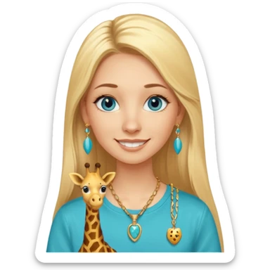 Swedish girl blonde long straigt hair blue eyes turqoise shirt gold earings girrafe necklace gold small long lashes smiling closed mouth sticker