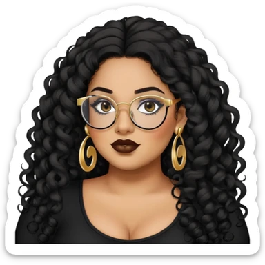 big plus size, latina, darker tan skin, long black curly hair, baddie,pretty, makeup, lipliner, black eyeliner, long hair, gold earrings, black top, black glasses sticker