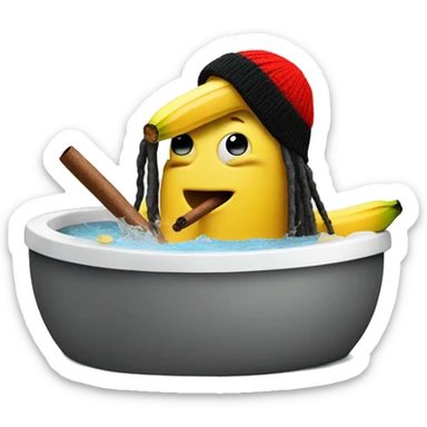 banana with goatee and dreads with a red yellow and black beanie smoking a cigar in a hot tub sticker