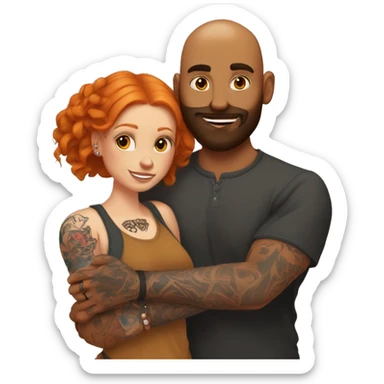 Indian Beard guy with bald head and tattoos on left hand hugging a ginger hair Croatian girl with septum ring and tattoos on right hand  sticker