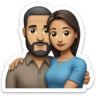 Comforting hug from brunette Puerto Rican with dark brown eyes wearing a cute blue blouse to short, bald man with brown eyes and a beard sticker