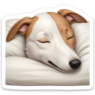 Meme-Worthy Cute Sleeping White and Brown Greyhound Portrait Emoji, Head resting peacefully with a contented smile, showcasing a lean, graceful build and a luxuriously smooth Fur of white with brown accents, eyes shut in a serene nap, Simplified yet hilariously adorable features, highly detailed, glowing with a soft, drowsy light, high shine, relaxed and utterly lovable, stylized with an air of playful laziness, bright and heartwarming, soft glowing outline, capturing the essence of a comically sleepy racer, so meme-worthy it feels like it could instantly become the next viral sensation of adorable slumber! sticker