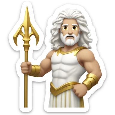 white Poseidon with gold Trident. long white hair white dress. show biceps muscle sticker