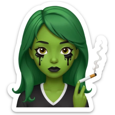 {
  "prompt": "3D cartoon-style green-skinned girl with long brown hair and a side-swept bang. Large brown eyes with black dripping makeup, white V-neck shirt, cigarette in her mouth, dark background. Same proportions and style as the original description.",
  "size": "1024x1024"
} sticker