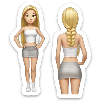 hyperrealistic caucasian female, long straight blonde hair, white lace up crop top, grey mini tight skirt, body view sticker