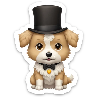 cute small tan and white dog with black nose, black round eyes, curly fluffy medium length hair, wearing a top hat sticker
