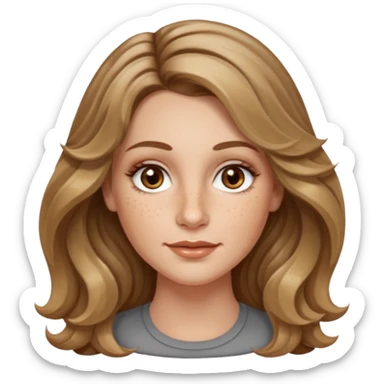 long dark Blond with highlights wavy hair white women, oval shape face hazel eyes long lashes little bit of freckles on the nose high cheek bones sticker