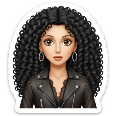 realistic cinematic singer Cher in a typical rocker's attractive outfit with leather and lace, half-naked, huge curly hair like in the video If I Could Turn Back Time sticker