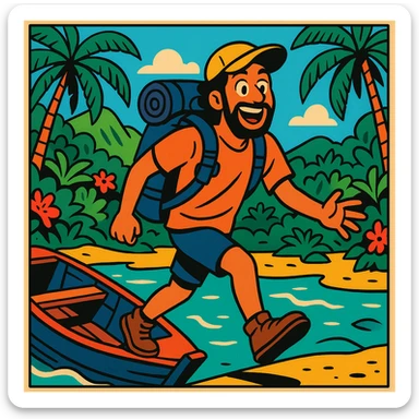 comic book panel 1: a Bali nomad arrives at the island, stepping off a boat with a backpack, excited expression, lush tropical background, vibrant comic book style sticker