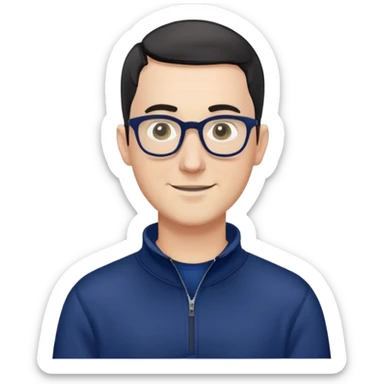 Caucasian man with very short black hair (close-cropped buzz cut), short beard with gray streaks, large black eyeglasses, cheerful expression, navy blue long sleeve sweatshirt with quarter zip sticker