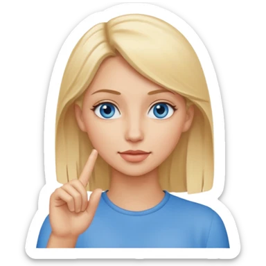 Blonde haired blue eyed woman with finger in ear sticker